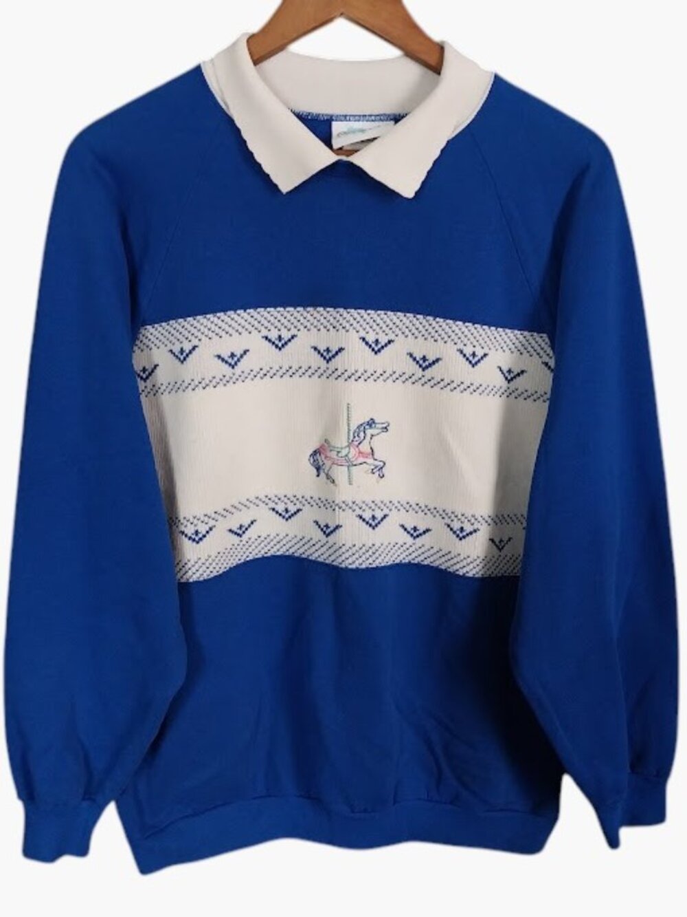 VTG 90's Granny Blue Sweatshirt Knit Carousel Horse Sweater Sz 1X Cottage Whimsy